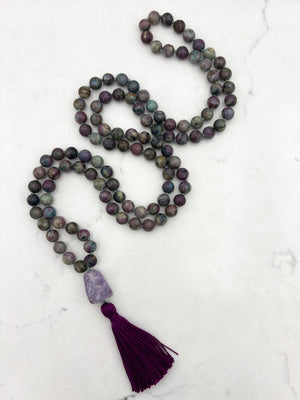 ruby fuchsite gemstone mala with lilac agate guru bead and purple tassel | radiant malas | handmade in boulder, colorado