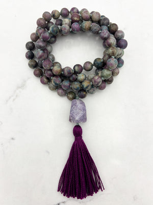 ruby fuchsite gemstone mala with lilac agate guru bead and purple tassel | radiant malas | handmade in boulder, colorado