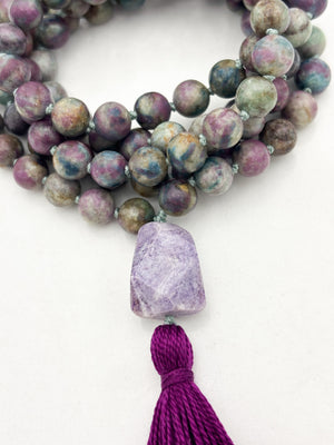 ruby fuchsite gemstone mala with lilac agate guru bead and purple tassel | radiant malas | handmade in boulder, colorado