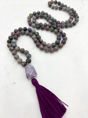 ruby fuchsite gemstone mala with lilac agate guru bead and purple tassel | radiant malas | handmade in boulder, colorado