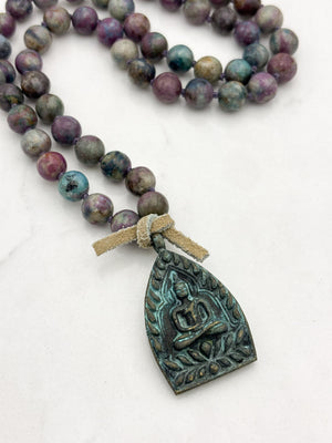 ruby kyanite gemstone mala with brass buddha pendant | radiant malas | handmade in boulder, colorado