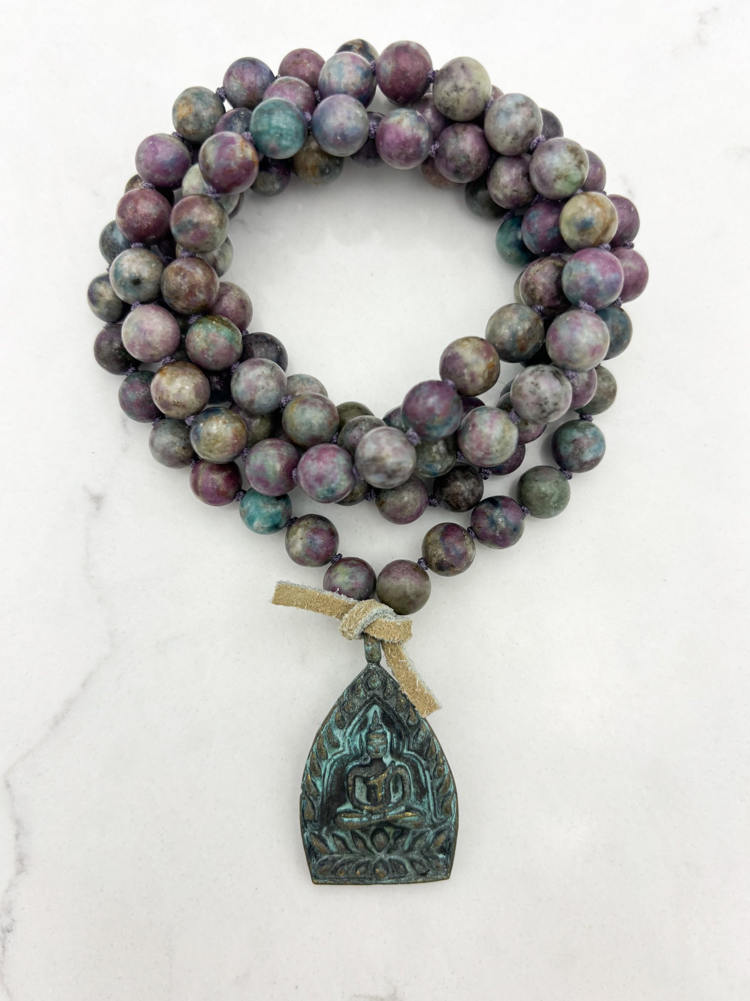 ruby kyanite gemstone mala with brass buddha pendant | radiant malas | handmade in boulder, colorado