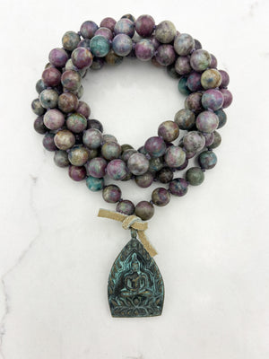 ruby kyanite gemstone mala with brass buddha pendant | radiant malas | handmade in boulder, colorado