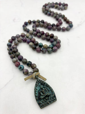 ruby kyanite gemstone mala with brass buddha pendant | radiant malas | handmade in boulder, colorado