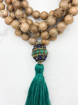 Sandalwood mala meditation necklace with tibetan guru bead w/ turquoise and lapis, and a green tassel | radiant malas | handmade in boulder, colorado