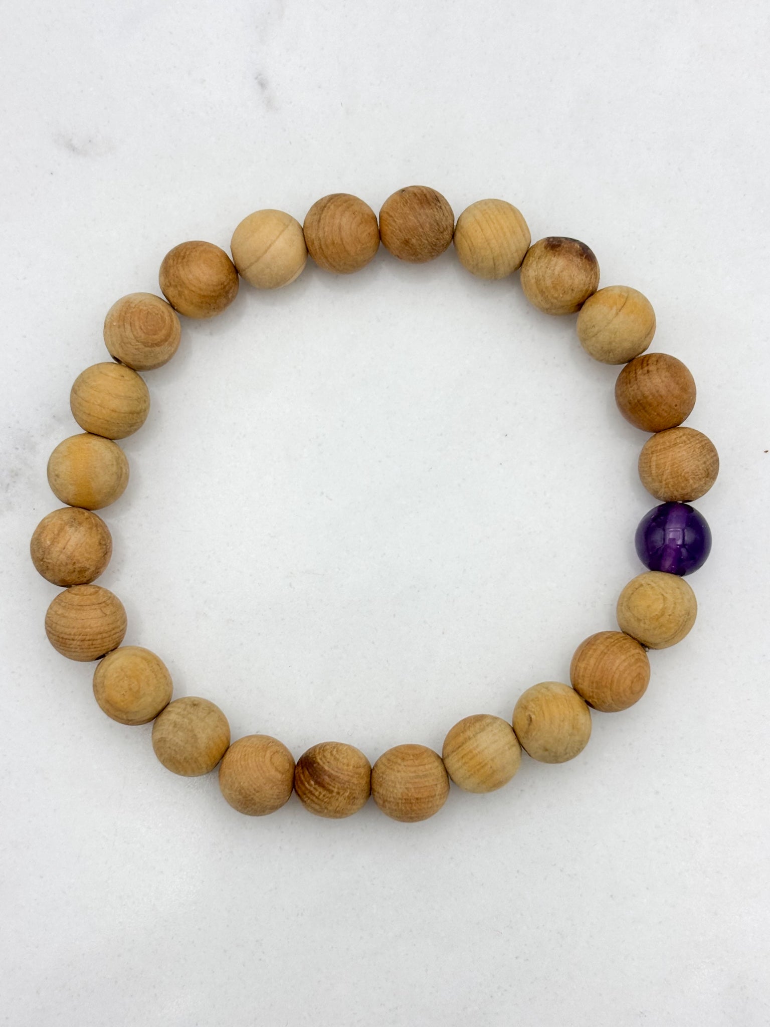 sandalwood bracelet with amethyst grounding bead | radiant malas | handmade in boulder, colorado