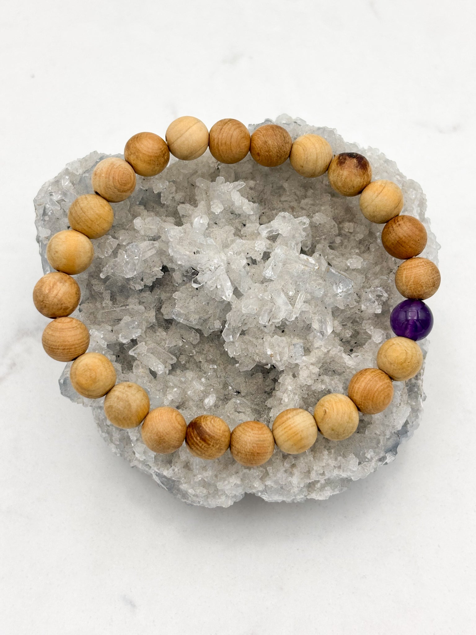 sandalwood bracelet with amethyst grounding bead | radiant malas | handmade in boulder, colorado