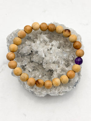 sandalwood bracelet with amethyst grounding bead | radiant malas | handmade in boulder, colorado