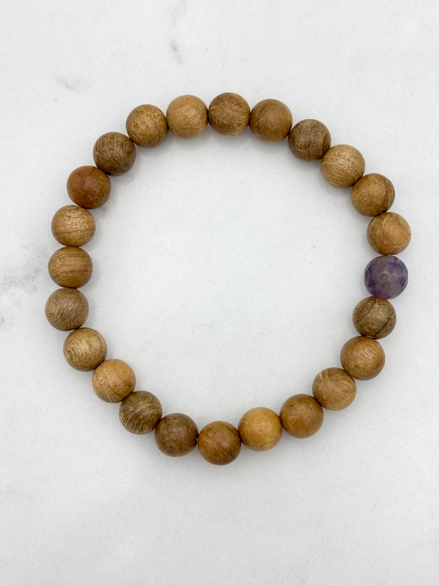 sandalwood bracelet with faceted amethyst grounding bead | radiant malas | handmade in boulder, colorado