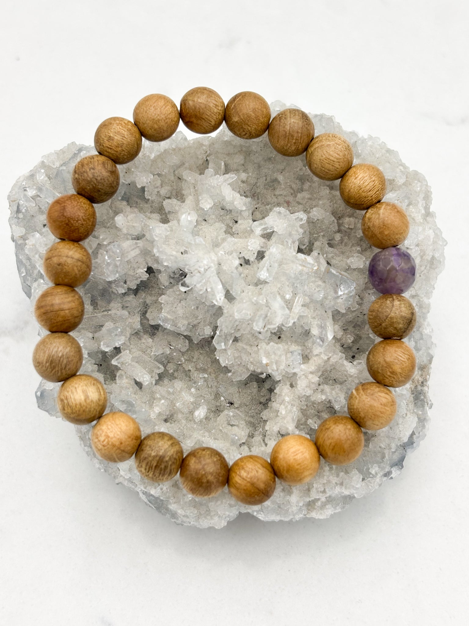 sandalwood bracelet with faceted amethyst grounding bead | radiant malas | handmade in boulder, colorado