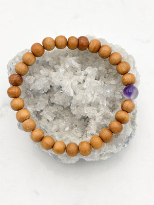 sandalwood bracelet with amethyst grounding bead | radiant malas | handmade in boulder, colorado