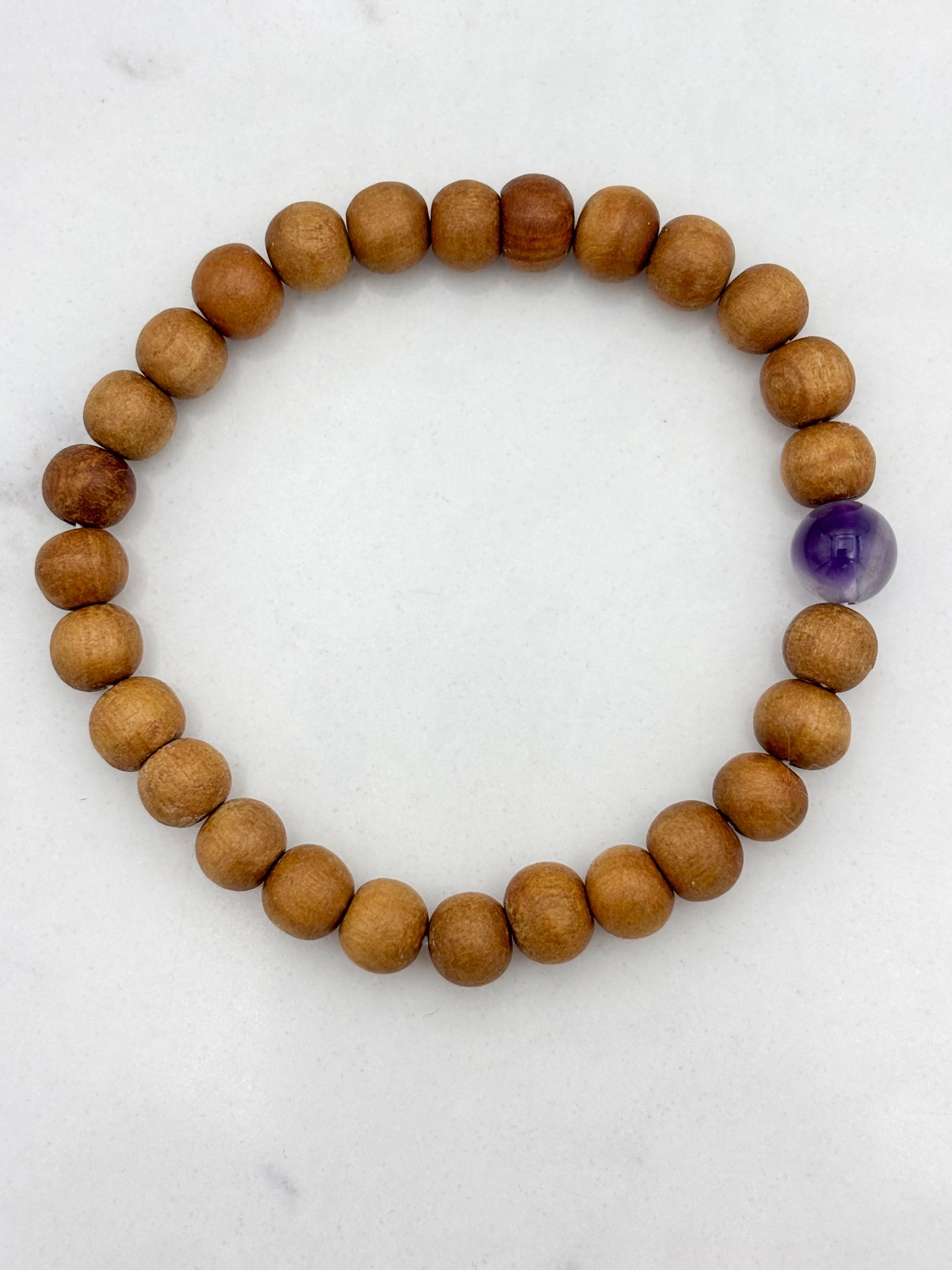 sandalwood bracelet with amethyst grounding bead | radiant malas | handmade in boulder, colorado