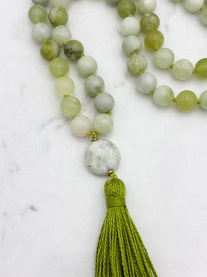 serpentine jade gemstone mala with azurite guru bead and green tassel | radiant malas | handmade in boulder, colorado