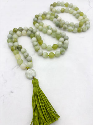serpentine jade gemstone mala with azurite guru bead and green tassel | radiant malas | handmade in boulder, colorado