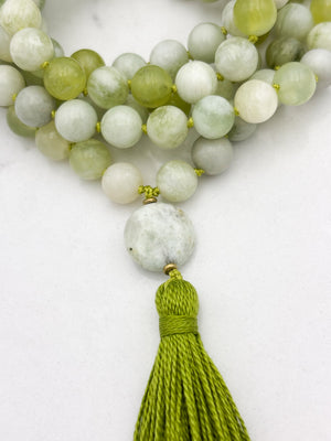 serpentine jade gemstone mala with azurite guru bead and green tassel | radiant malas | handmade in boulder, colorado