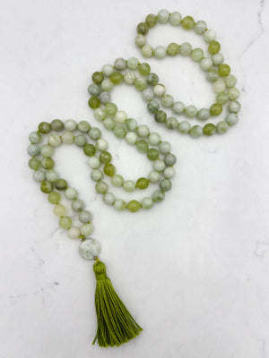 serpentine jade gemstone mala with azurite guru bead and green tassel | radiant malas | handmade in boulder, colorado