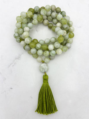 serpentine jade gemstone mala with azurite guru bead and green tassel | radiant malas | handmade in boulder, colorado
