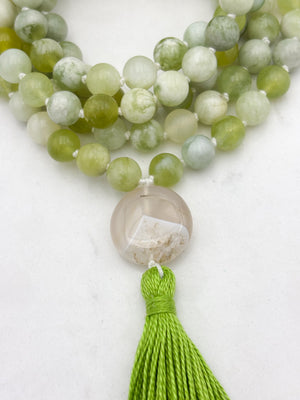 serpentine jade gemstone mala with botswana agate guru bead and green tassel | radiant malas  handmade in boulder, colorado