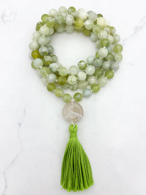 serpentine jade gemstone mala with botswana agate guru bead and green tassel | radiant malas  handmade in boulder, colorado