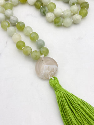 serpentine jade gemstone mala with botswana agate guru bead and green tassel | radiant malas  handmade in boulder, colorado