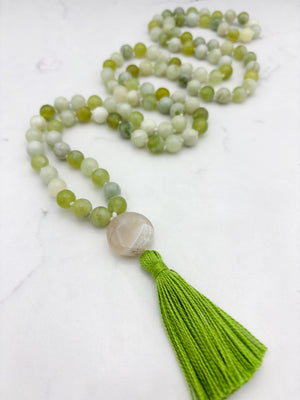 serpentine jade gemstone mala with botswana agate guru bead and green tassel | radiant malas  handmade in boulder, colorado