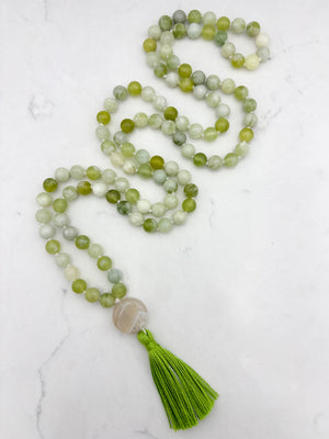 serpentine jade gemstone mala with botswana agate guru bead and green tassel | radiant malas  handmade in boulder, colorado