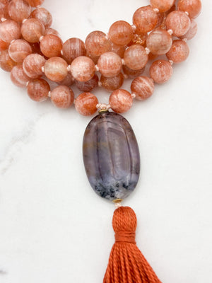 sunstone gemstone mala with ametrine guru bead and rust tassel | radiant malas | handmade in boulder, colorado