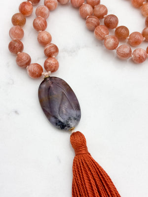 sunstone gemstone mala with ametrine guru bead and rust tassel | radiant malas | handmade in boulder, colorado