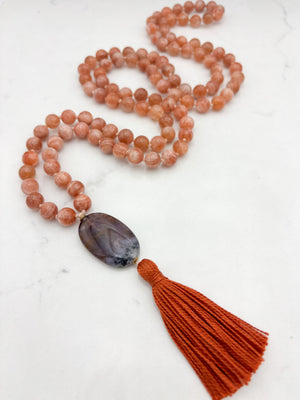 sunstone gemstone mala with ametrine guru bead and rust tassel | radiant malas | handmade in boulder, colorado