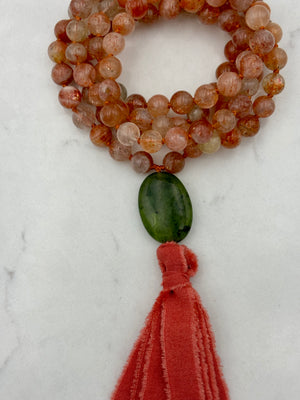 sunstone gemstone mala necklace | silk ribbon tassel | radiant malas | handmade in boulder, colorado