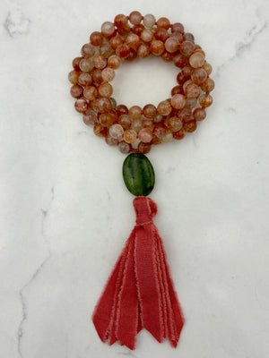 sunstone gemstone mala necklace | silk ribbon tassel | radiant malas | handmade in boulder, colorado