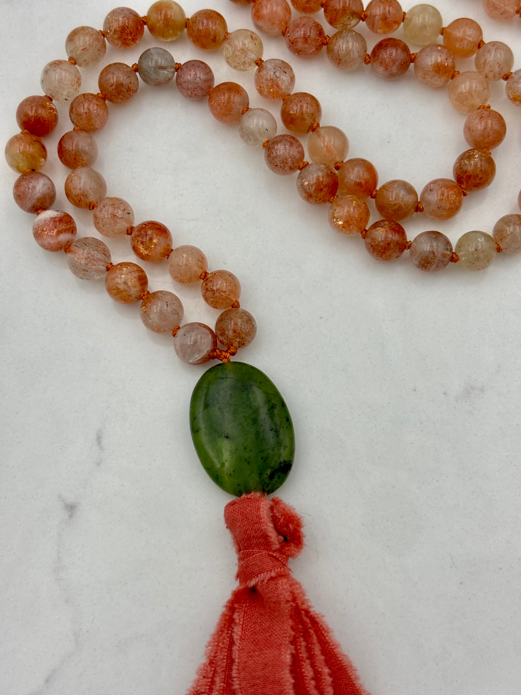 sunstone gemstone mala necklace | silk ribbon tassel | radiant malas | handmade in boulder, colorado