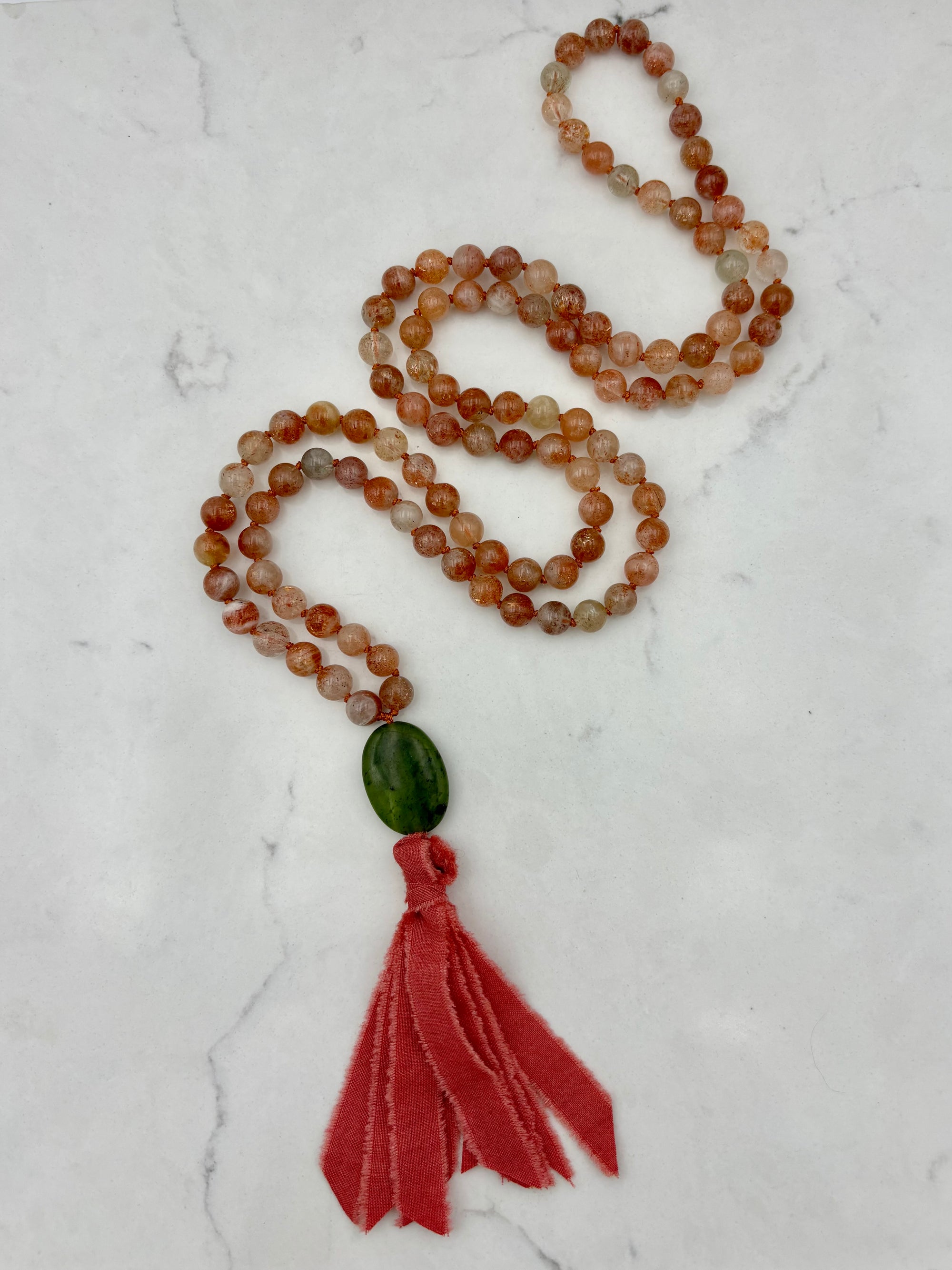 sunstone gemstone mala necklace | silk ribbon tassel | radiant malas | handmade in boulder, colorado