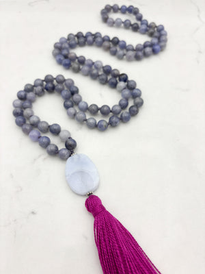 tanzanite gemstone mala necklace with blue lace agate guru bead and hot pink tassel | radiant malas | handmade in boulder, colorado