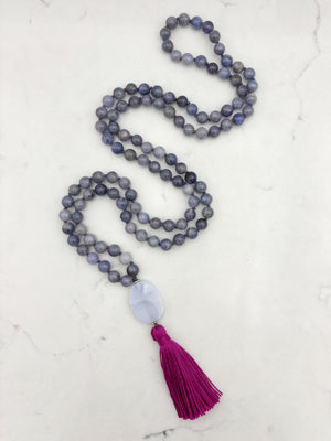 tanzanite gemstone mala necklace with blue lace agate guru bead and hot pink tassel | radiant malas | handmade in boulder, colorado