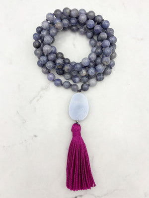 tanzanite gemstone mala necklace with blue lace agate guru bead and hot pink tassel | radiant malas | handmade in boulder, colorado