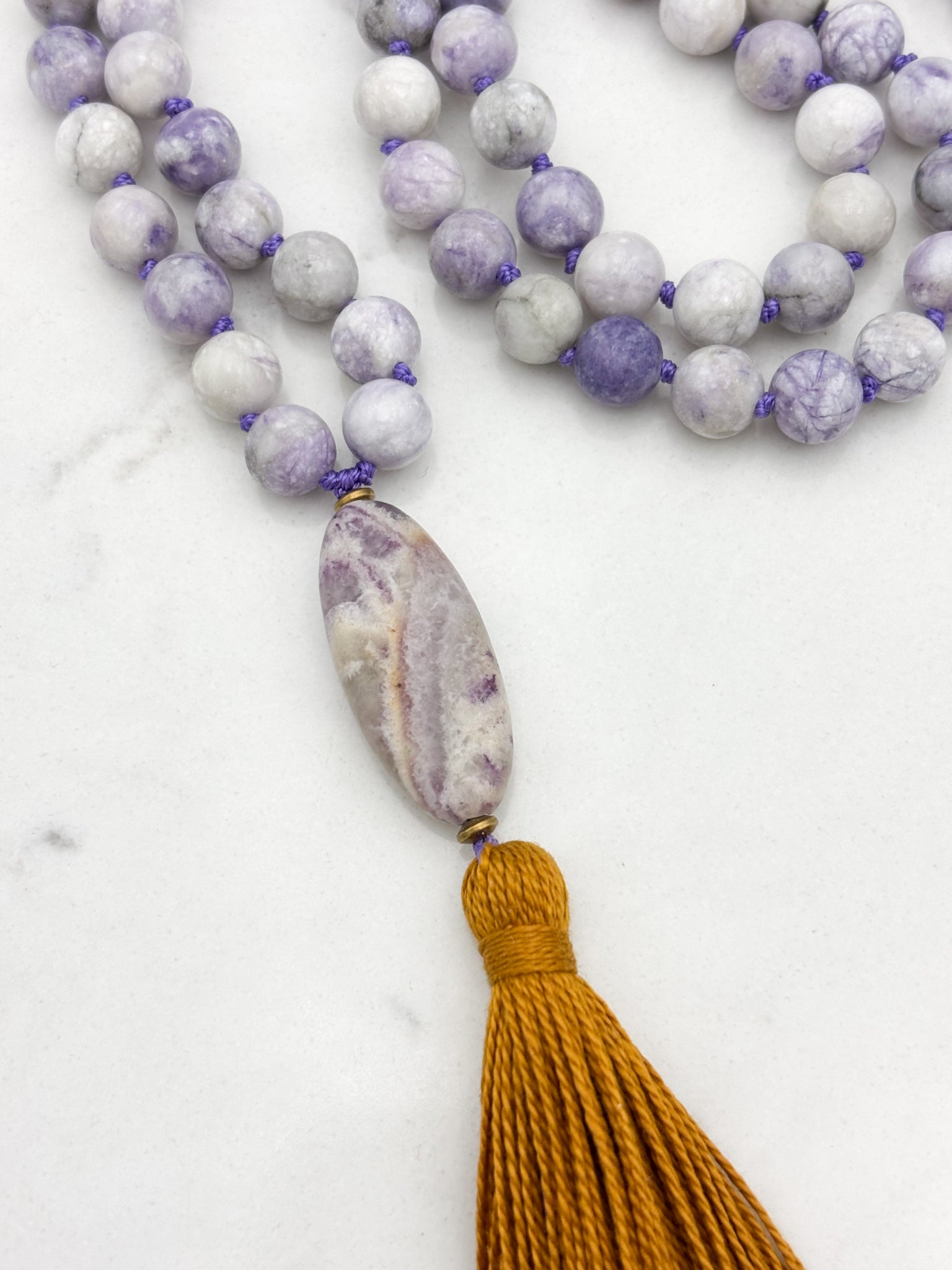 tiffany jasper gemstone mala with amethyst guru bead and rust tassel | radiant malas | handmade in boulder, colorado