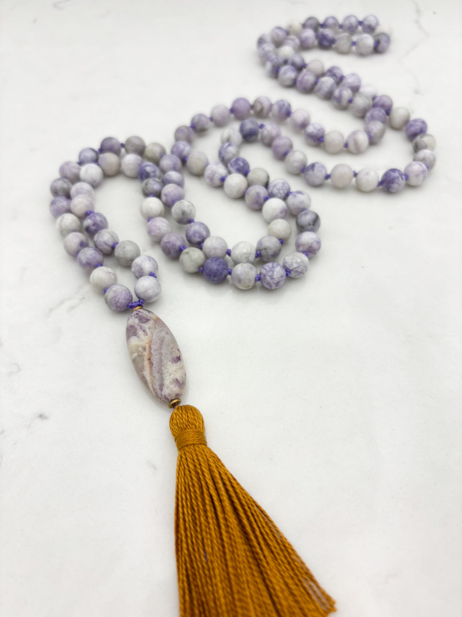 tiffany jasper gemstone mala with amethyst guru bead and rust tassel | radiant malas | handmade in boulder, colorado