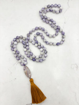 tiffany jasper gemstone mala with amethyst guru bead and rust tassel | radiant malas | handmade in boulder, colorado