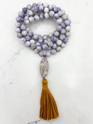 tiffany jasper gemstone mala with amethyst guru bead and rust tassel | radiant malas | handmade in boulder, colorado