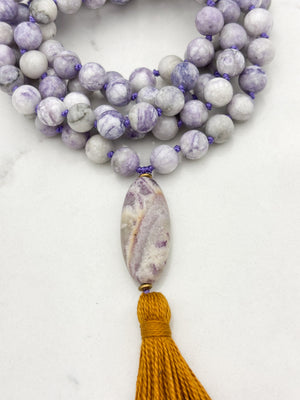 tiffany jasper gemstone mala with amethyst guru bead and rust tassel | radiant malas | handmade in boulder, colorado