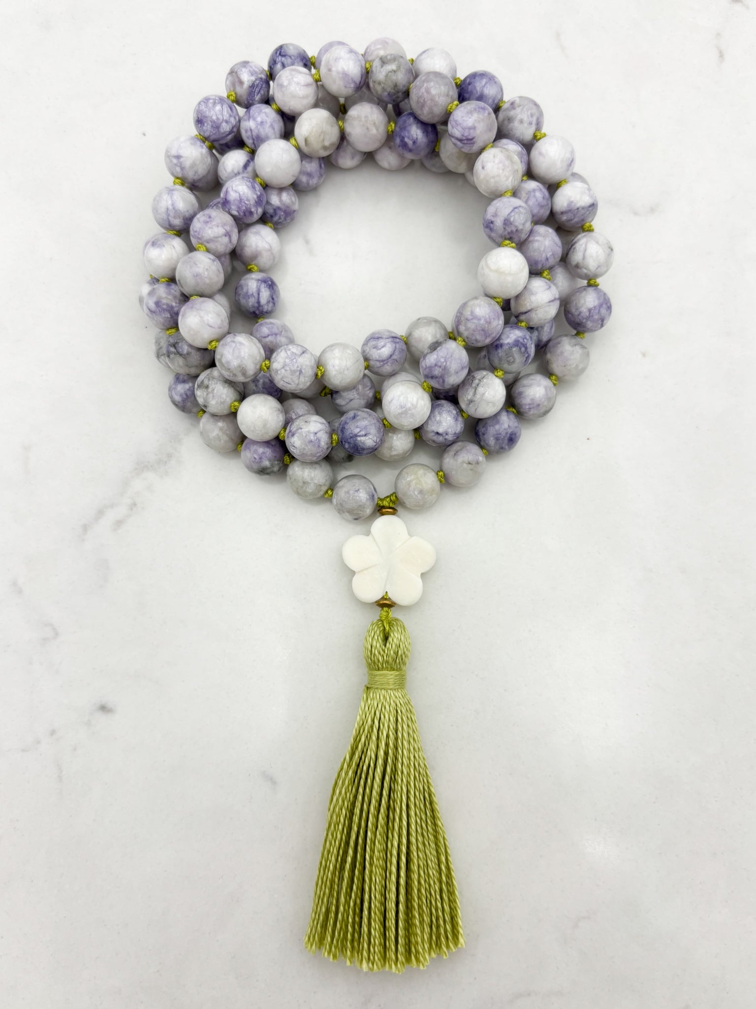 tiffany jasper gemstone mala with bone flower guru bead and green tassel | radiant malas | handmade in boulder, colorado