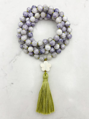 tiffany jasper gemstone mala with bone flower guru bead and green tassel | radiant malas | handmade in boulder, colorado