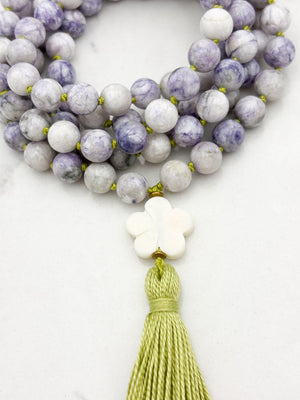 tiffany jasper gemstone mala with bone flower guru bead and green tassel | radiant malas | handmade in boulder, colorado