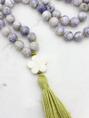 tiffany jasper gemstone mala with bone flower guru bead and green tassel | radiant malas | handmade in boulder, colorado