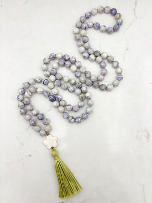 tiffany jasper gemstone mala with bone flower guru bead and green tassel | radiant malas | handmade in boulder, colorado