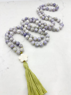 tiffany jasper gemstone mala with bone flower guru bead and green tassel | radiant malas | handmade in boulder, colorado