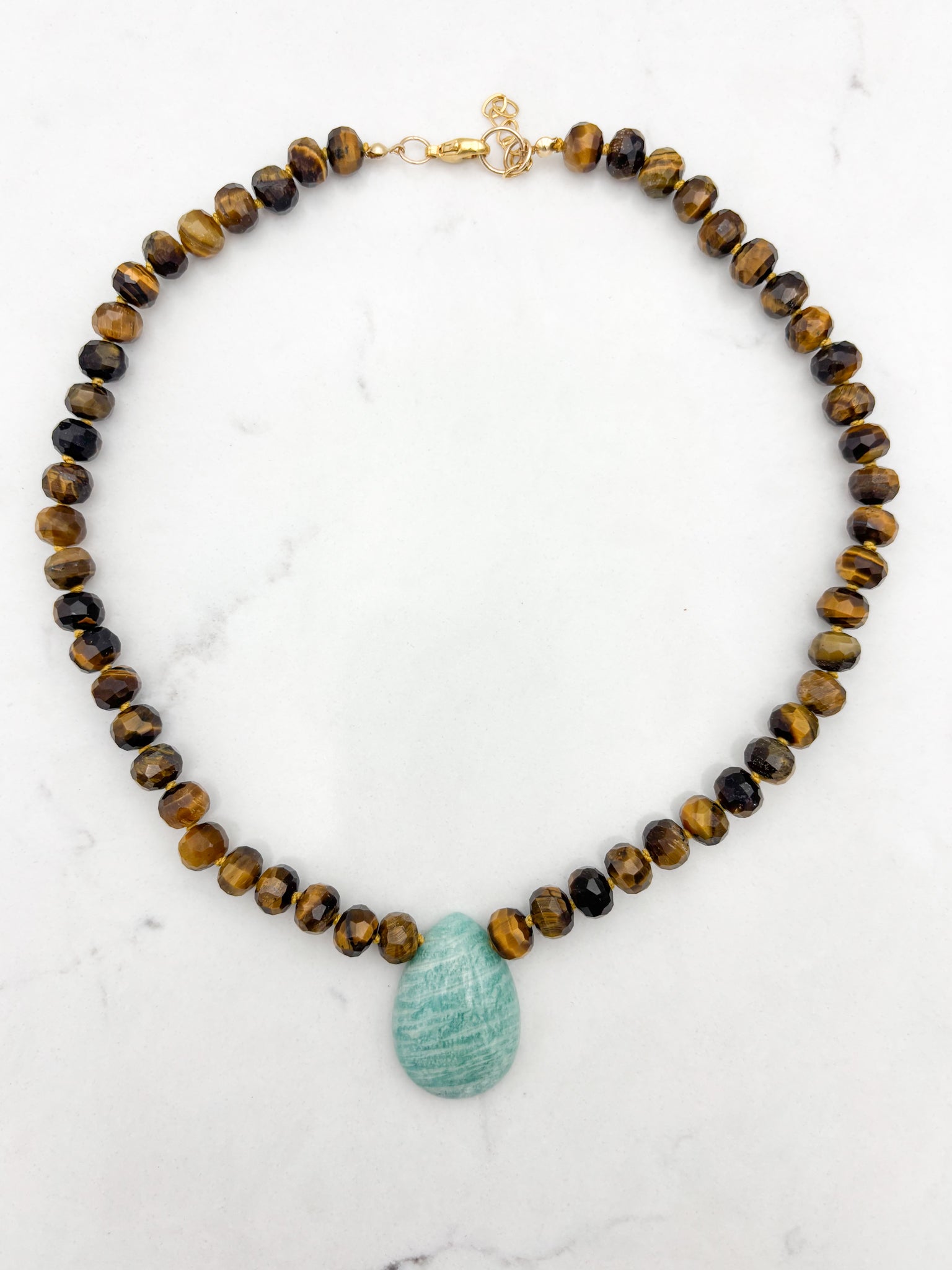 tiger's eye knotted gemstone necklace with amazonite teardrop pendant | radiant malas | handmade in boulder, colorado
