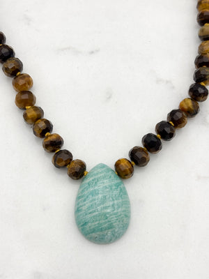 tiger's eye knotted gemstone necklace with amazonite teardrop pendant | radiant malas | handmade in boulder, colorado
