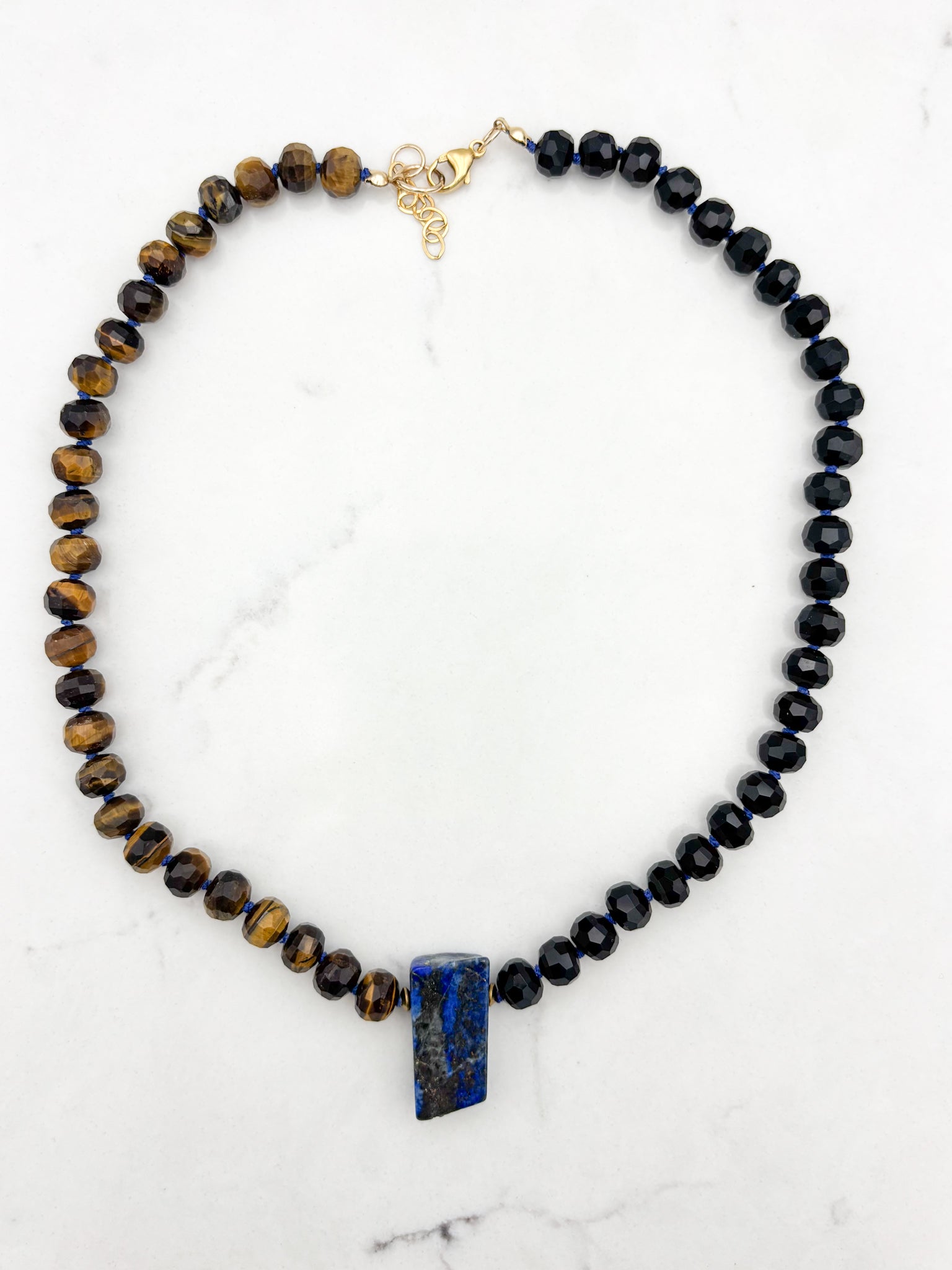 tiger's eye and onyx knotted gemstone necklace with lapis pendant | radiant malas | handmade in boulder, colorado
